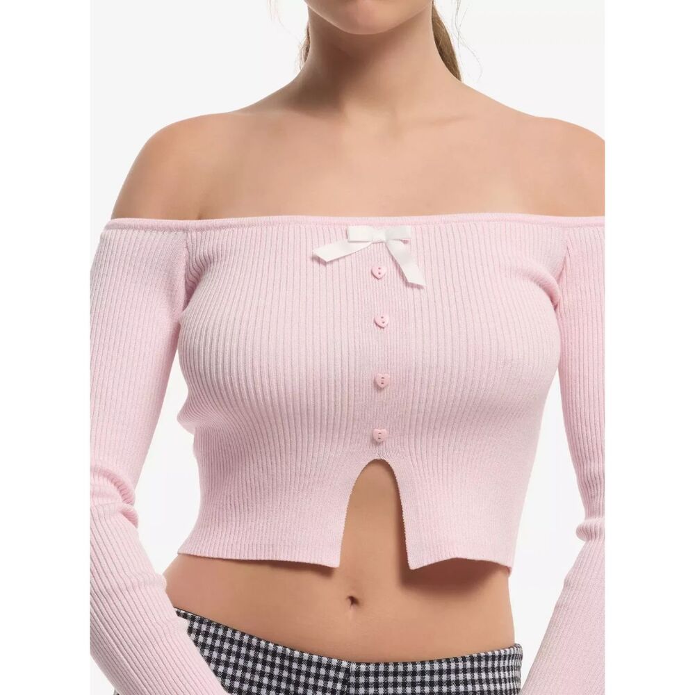 Sweet Society Pink Heart Ribbon Girls Off-Shoulder Long-Sleeve Top Large